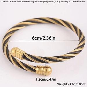 Vue détaillée du bracelet en câble d'acier torsadé bicolore avec dimensions du produit