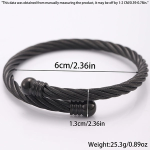 Détail d'un bracelet jonc câble torsadé noir montrant les dimensions et le poids du produit