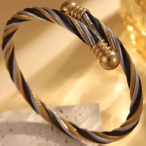 Bracelet punk homme en acier inoxydable avec câbles torsadés or, noir et argenté