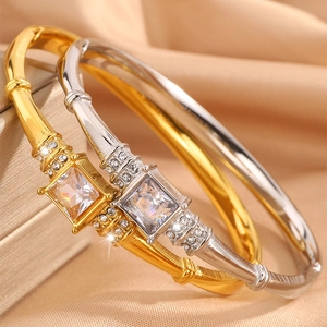 Luxe titanium steel open bangles with square crystal inlay in gold and silver finish