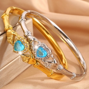 Titanium steel Claddagh bangle set with heart shaped blue zircon and bamboo texture band