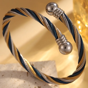 Bracelet jonc punk pour homme en acier inoxydable torsadé or, argent et bleu