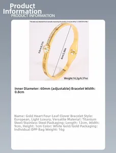 Détails du bracelet trèfle doré avec les dimensions du diamètre intérieur et de la largeur