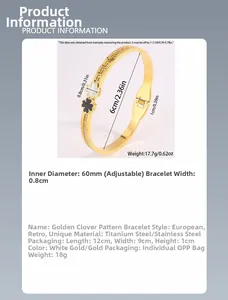 Close-up of gold titanium clover bracelet with Greek fret pattern and size dimensions
