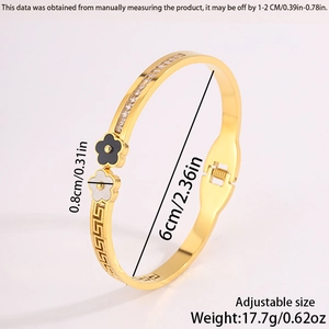 Detailed size specifications for gold stainless steel bangle with flower and meander motif