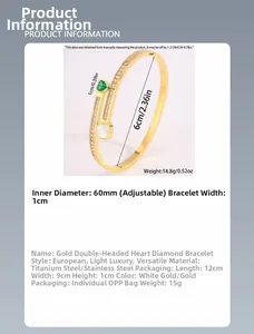 Detail of gold titanium steel open bangle featuring green heart zircon and shell inlay