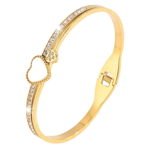 Bracelet jonc cœur en acier titane doré avec coquillages et cristaux étincelants