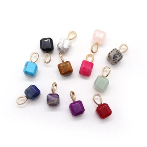 Set of twelve colorful square natural stone pendants with gold metal ring buckles