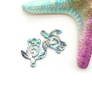 Natural abalone shell sea turtle charms with hollow spiral pattern and iridescent finish