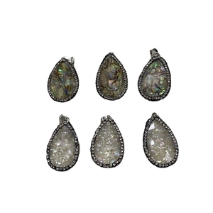 Water-drop abalone shell and crystal pendants with rhinestone bezel set of 6 pieces