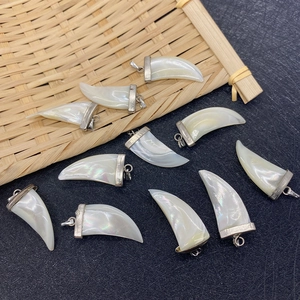 Natural sea shell horn pendants with silver clasps on a bamboo and black texture background
