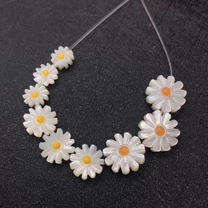 Dettaglio macro di perle di conchiglia a girasole bianco con centro giallo su tessuto nero