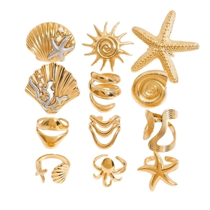 Lot de 12 bagues dorées thème océan avec motifs étoile de mer et coquillage pour femme