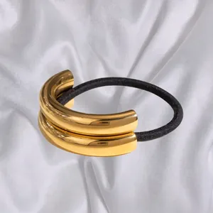 Élastique à cheveux minimaliste en acier inoxydable doré à double couche et bande noire