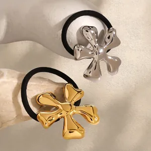 Stainless Steel Flower Hair Tie Liquid Metal Style Gold Silver Minimalist Elastic Hair Rope Ponytail Holder For Women