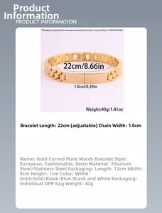 Dimensiones de la pulsera de eslabones en acero inoxidable dorado de 22 cm con placa curva