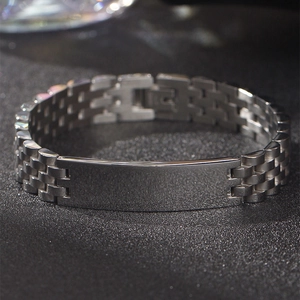 Polished stainless steel watch-style link bracelet with a blank engravable metal plate