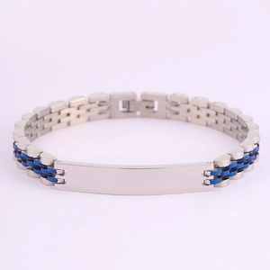 Polished stainless steel men's bracelet with blue inlay and engravable ID plate