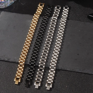 Polished stainless steel watch band style bracelets in gold, black, and silver finishes