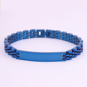Detail of blue stainless steel watch-style bracelet with rectangular metal plate
