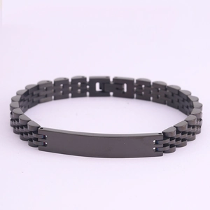 Macro view of matte black stainless steel ID bracelet with five-row metal link chain