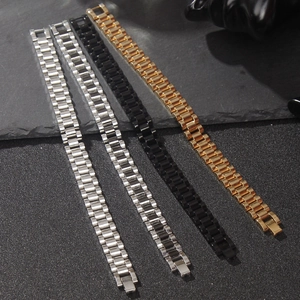 Men stainless steel watch band style bracelet in gold, silver and black finishes