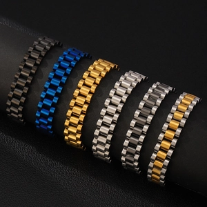 Polished stainless steel watch band bracelets in black, gold, blue, and silver finishes