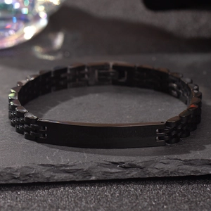 Men's black stainless steel watch band bracelet with engravable blank plate on rock base