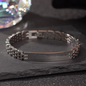 Men's stainless steel watch-style link bracelet with a polished rectangular metal ID plate