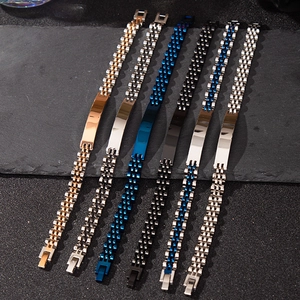 Polished stainless steel ID bracelets for men in rose gold, silver, blue, and black colors