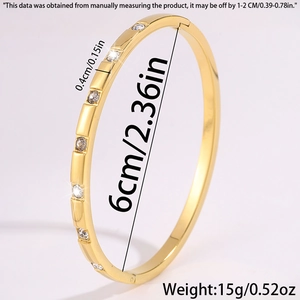 Detailed dimensions of gold titanium steel bangle with zircon inlay and segmented design