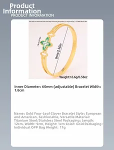 Detailed spec sheet of gold-plated hollow clover titanium steel bangle with cz diamond