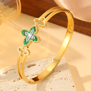 Titanium steel lucky clover bangle with green malachite stone and sparkling crystals