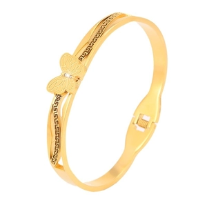 Goldener Armreif aus Edelstahl mit griechischem Muster und funkelndem Schmetterlingsdetail