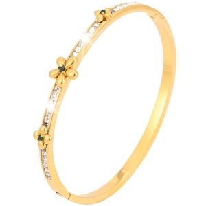 Gold stainless steel flower bangle with white cubic zirconia and green gem accents