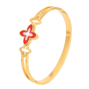 Elegant gold stainless steel clover bangle with red floral inlay and sparkling crystals