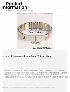 Silver stainless steel elastic watch band bracelet showing 60mm inner diameter size info