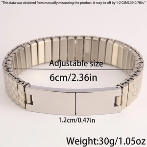 Detail of silver elastic watch band bracelet with a blank rectangular metal plaque
