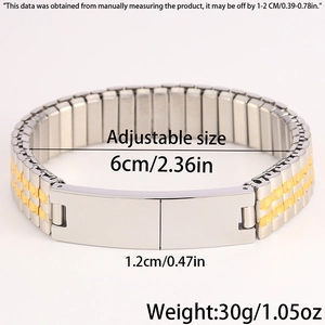 Detail of two-tone stainless steel watch band bracelet with engravable blank plate