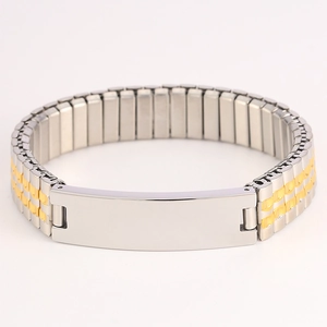 Detail macro view of two-tone stainless steel watchband bracelet with engravable blank plate