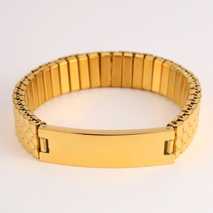 Polished gold stainless steel watch link bracelet with smooth engravable rectangular plaque