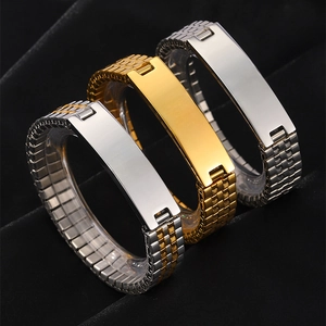 Polished stainless steel stretch ID bracelets for men in gold, silver, and two-tone finishes