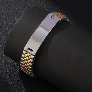 Macro view of two-tone stainless steel watchband bracelet with engravable metal plate