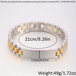 Detail showing dimensions of two-tone stainless steel watch band bracelet for men