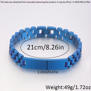 Detailed view of blue stainless steel watch link bracelet with size measurements