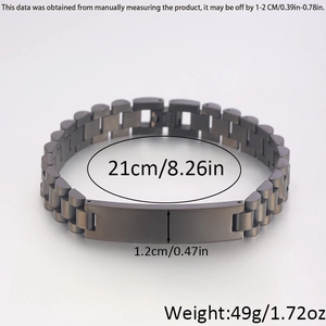 Detailed view of black stainless steel watch band bracelet with dimensions and parameters