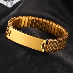Polished gold stainless steel stretch bracelet with rectangular engravable ID plate details
