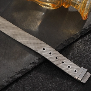 Dettaglio del bracciale in maglia di acciaio inossidabile con fori regolabili