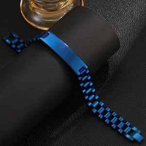 Blue stainless steel adjustable watch link bracelet with smooth engravable curved plate