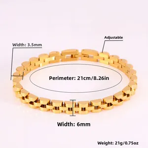 Size chart showing width, circumference and weight of gold stainless steel watch band bracelet